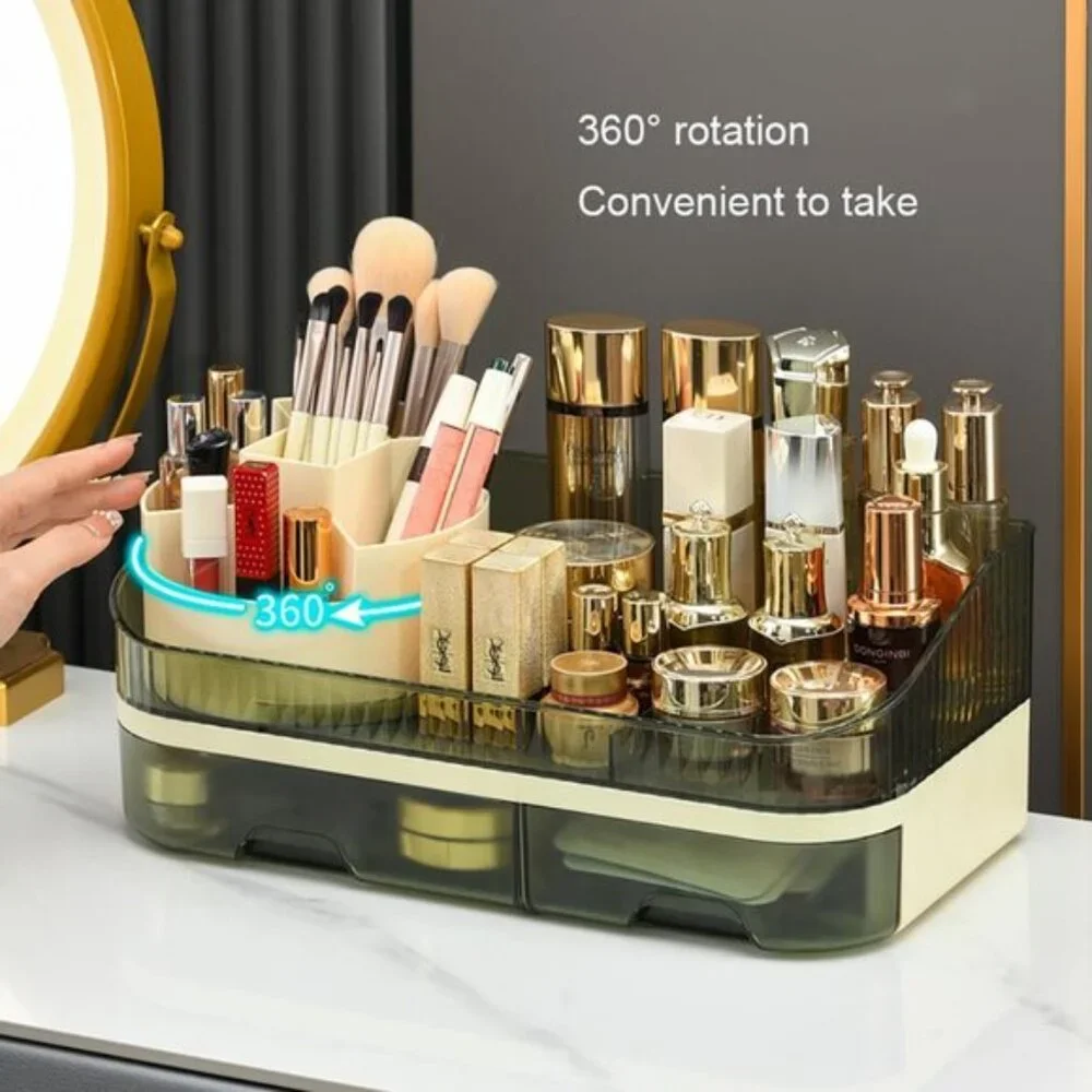 Rotating Makeup Organizer, Clear Green Acrylic Countertop Storage with 2 Drawers